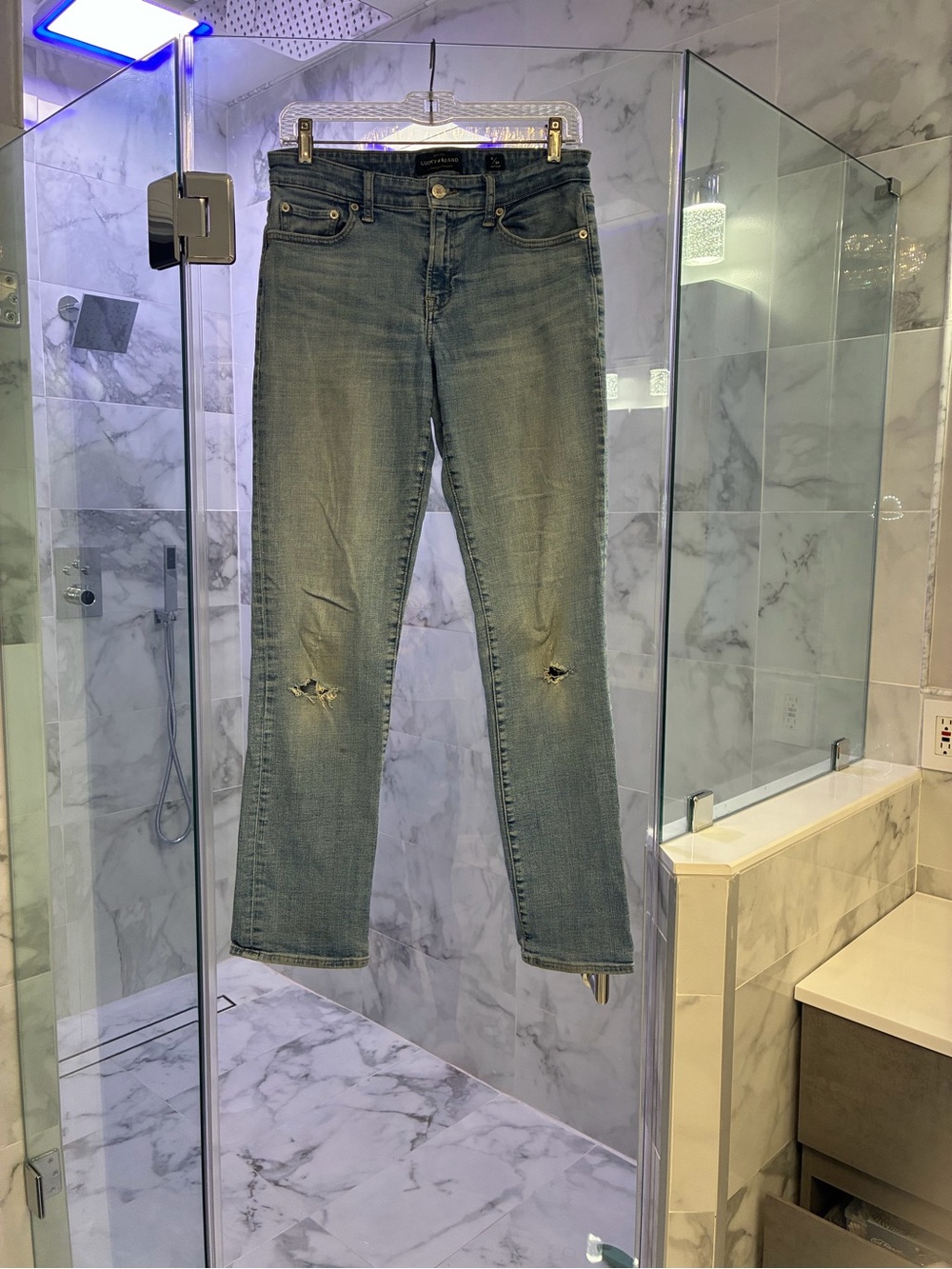 Lucky Brand Women's Faded Blue Straight-Leg Jeans with Knee Distressing